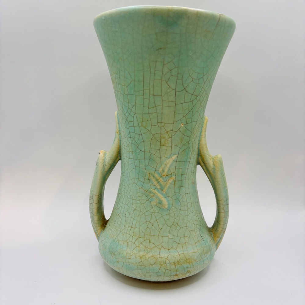 Vintage McCoy Pottery Aqua Green Crackle Glaze Double Handle Vase Leaf Motif